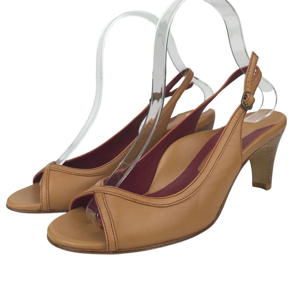 Taryn Taryn Rose Leather Slingback Peep Toe 3'' Wood Look Heels Tan Size 7.5